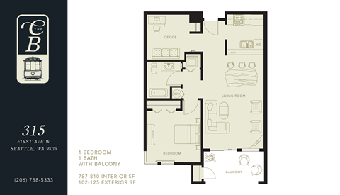 Floor plan for 1 bed, 1 bath, 816 sqft